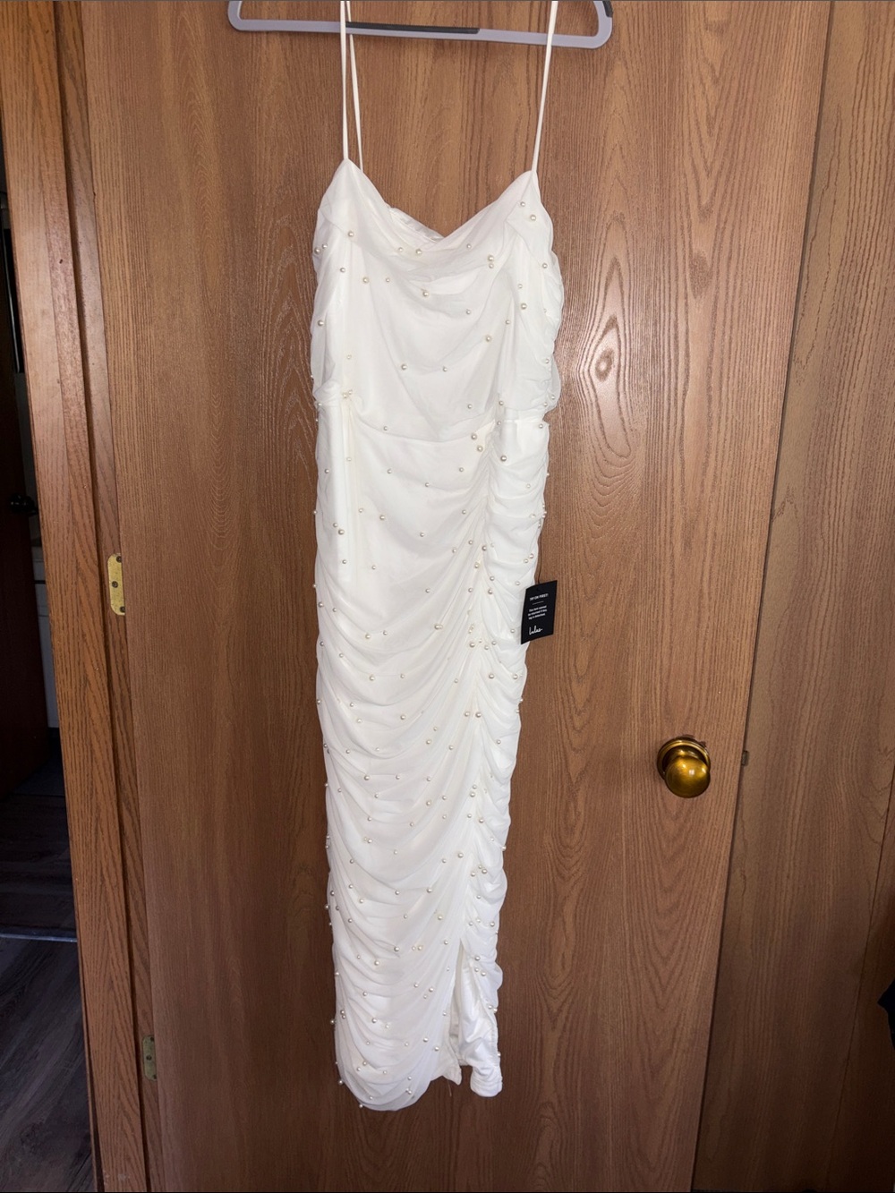 Lulu's White Pearl-Studded Draped Maxi Slip Dress